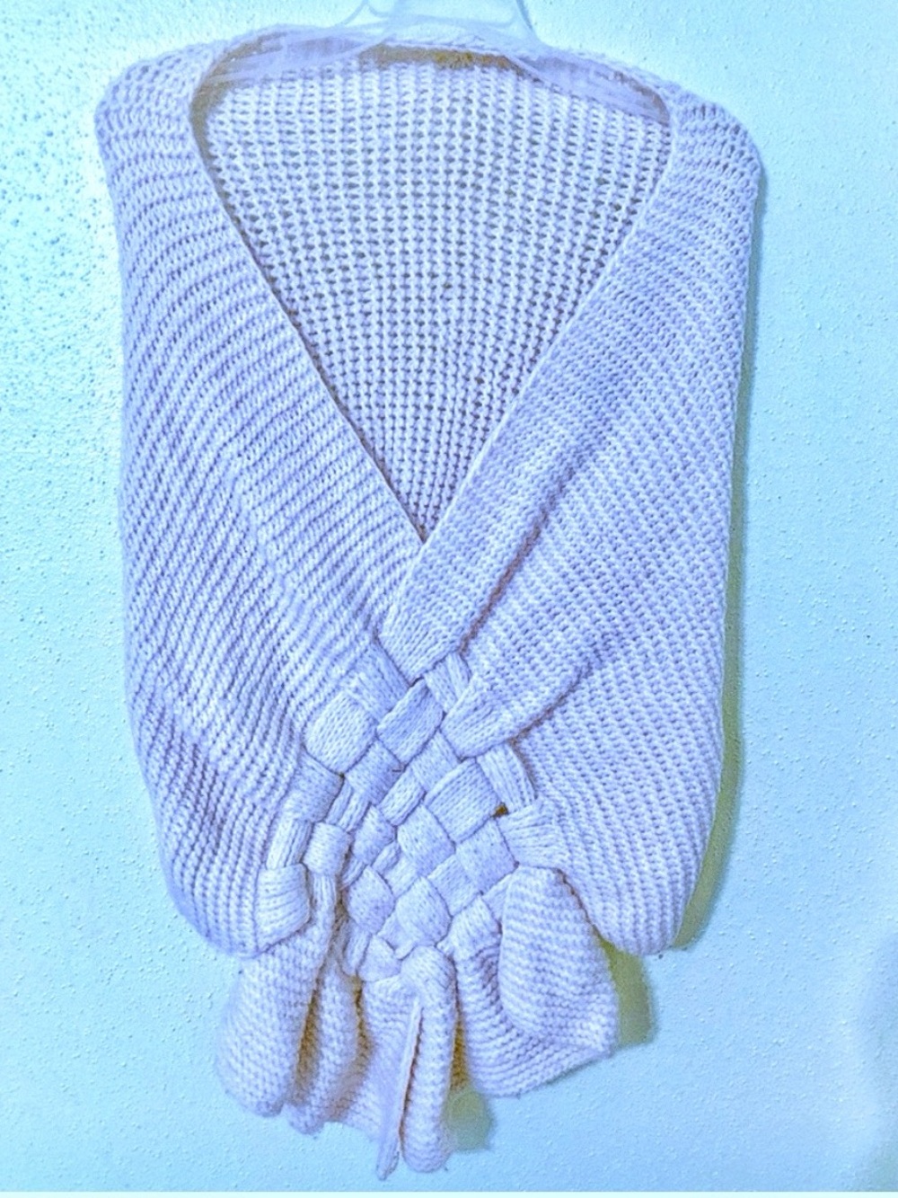 Handmade Knit Sweater Braided Pull Through Chunky Knit Wool Shrug Beige 20" EUC